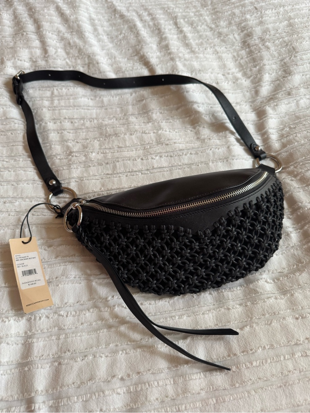 Rebecca Minkoff Black Woven-Front Leather Crossbody Belt Bag